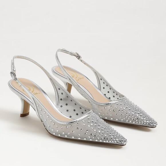 Sam Edelman 5M Silver Mesh Bianka Crystal Slingback Pumps Pointed Toe P16-21 - Picture 1 of 8